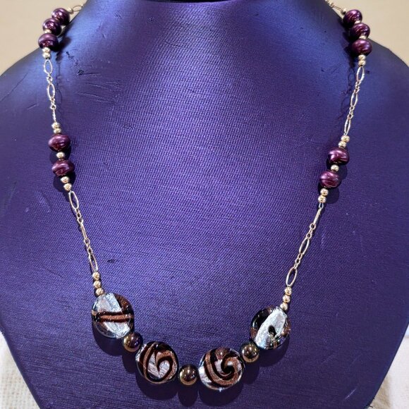 Vintage Murano Peacock Crimson Glass Pearl Amethyst Cat Eye Bead 14k/20 Necklace - Picture 13 of 16